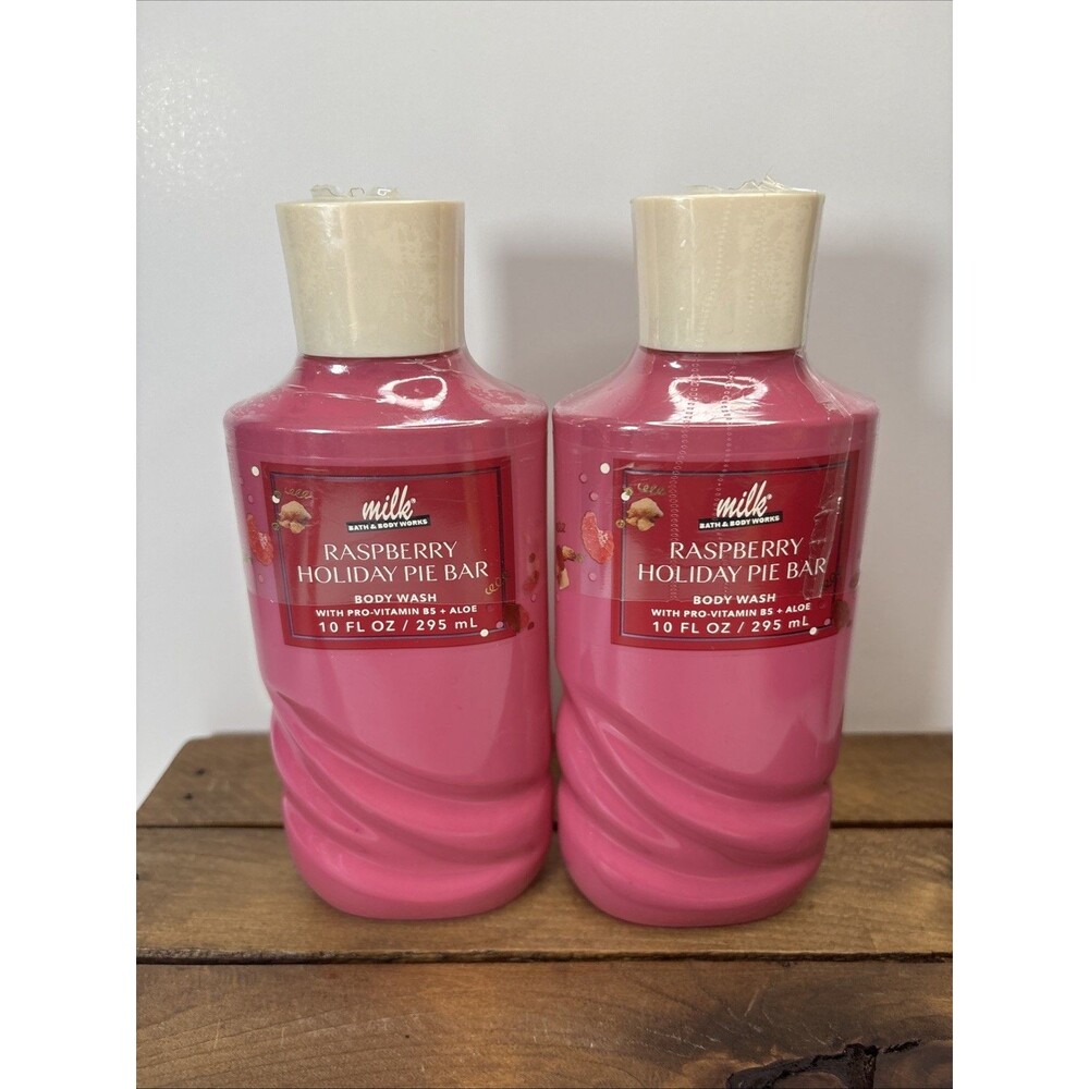 Bath & Body Works Lot of 2 Bottles Milk Raspberry Holiday Pie Bar Wash 10 oz New